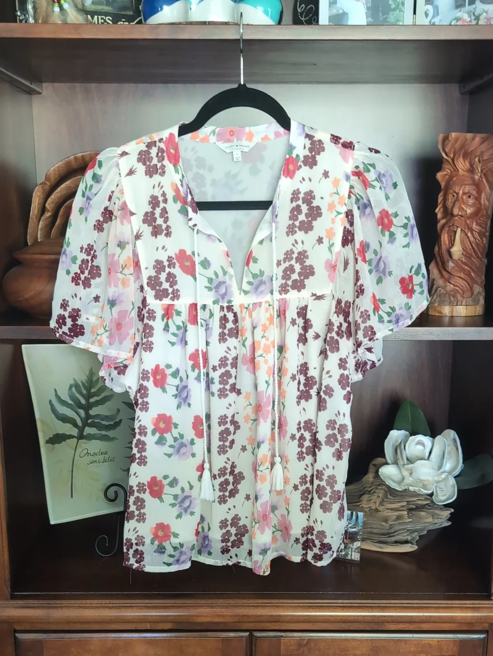 Lucky Brand Cream Floral Tie-Front Ruffle Sleeve Blouse